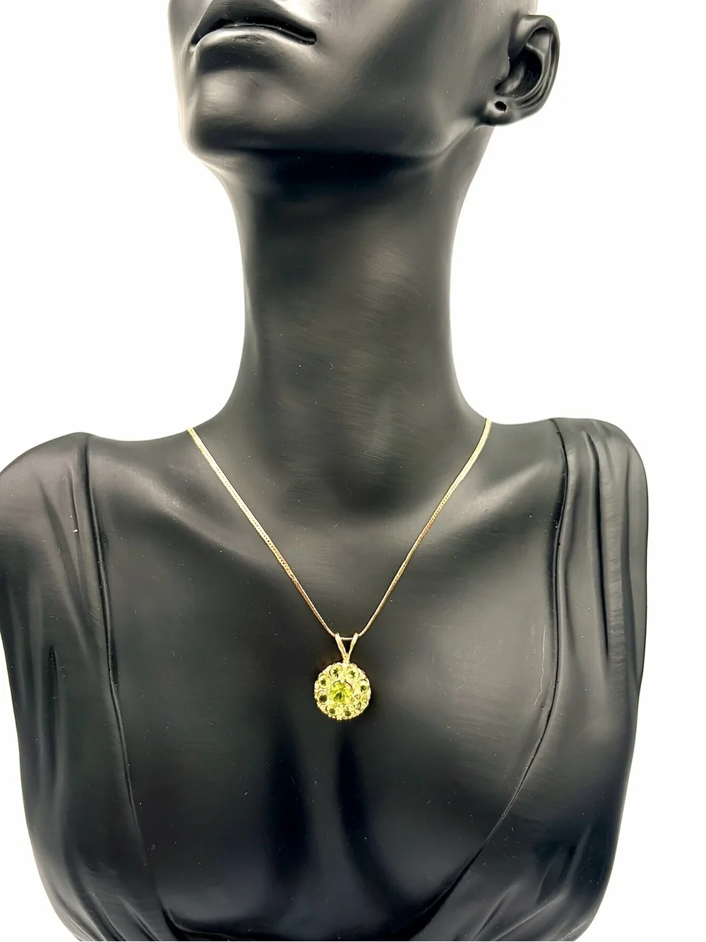 Solid 14k Gold Green Peridot Round Halo Pendant - Vintage Victorian Style